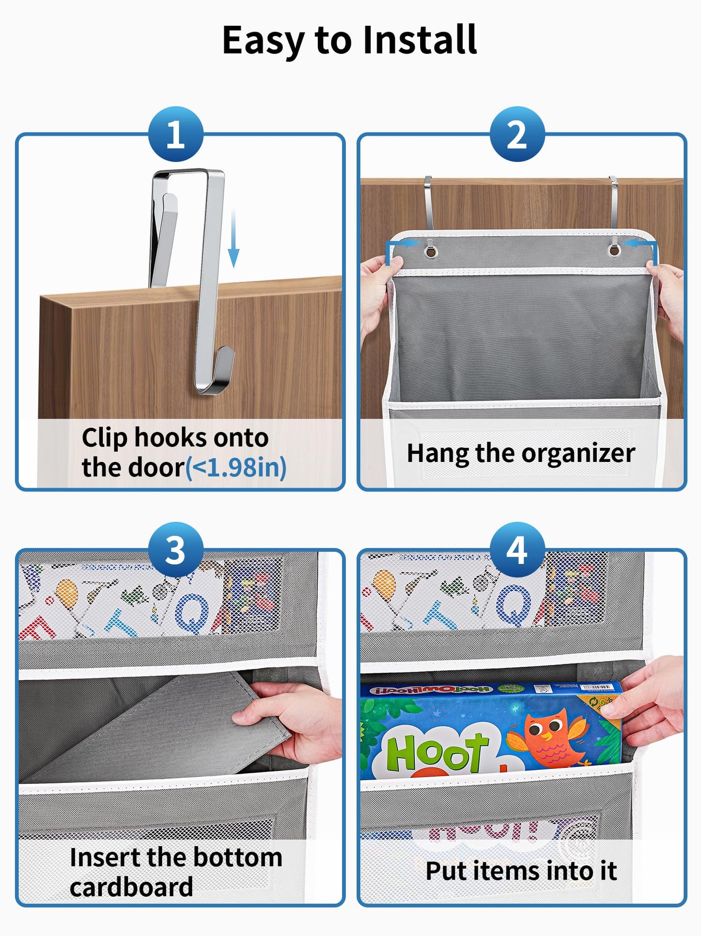 JARLINK Over the Door Organizer – 5-Shelf Hanging Storage with Large Pockets, 44lb Capacity – for Bedroom, Bathroom, Pantry – Grey