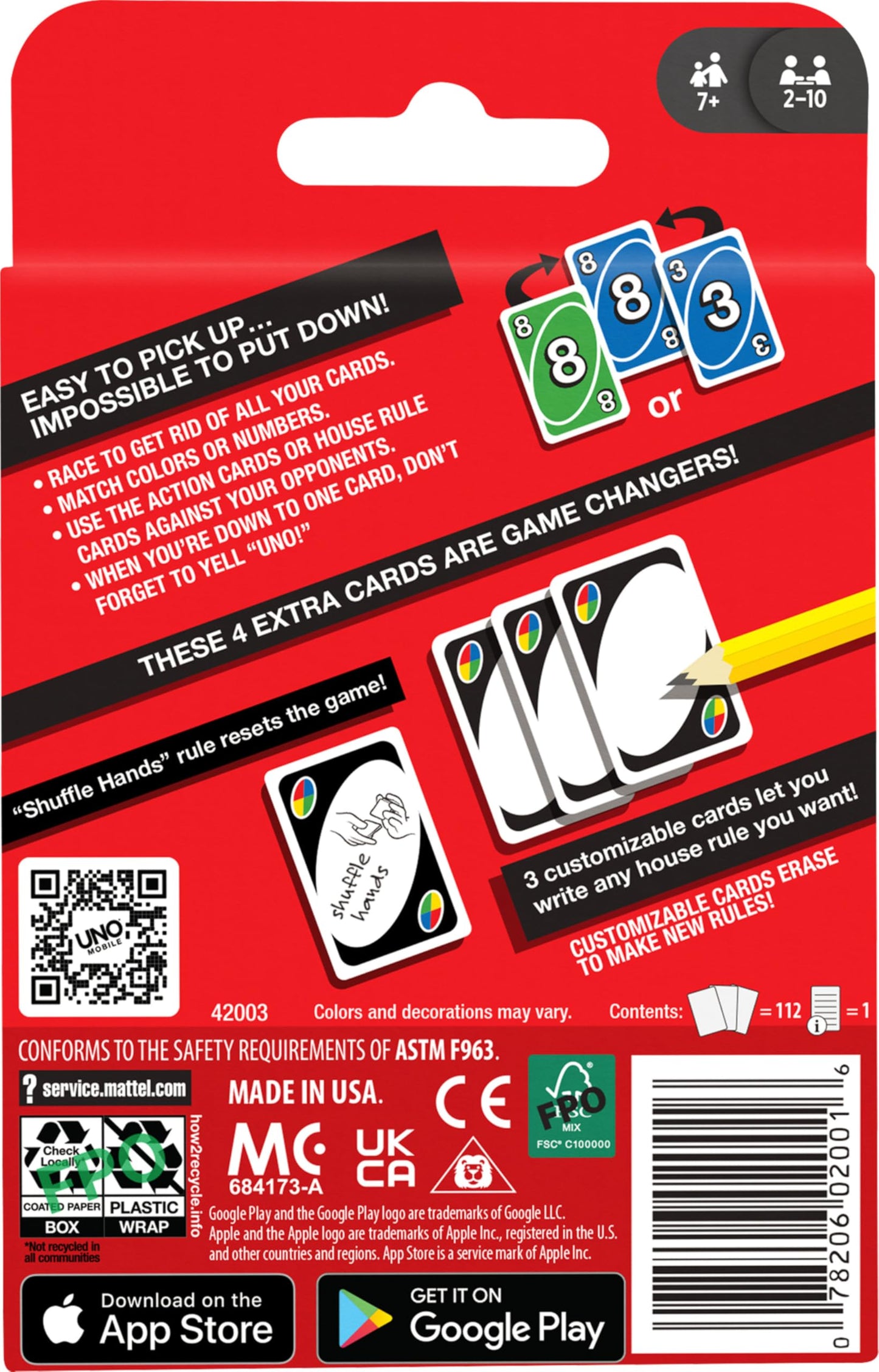 Mattel Games UNO Color & Number Matching Card Game for 2-10 Players Ages 7Y+