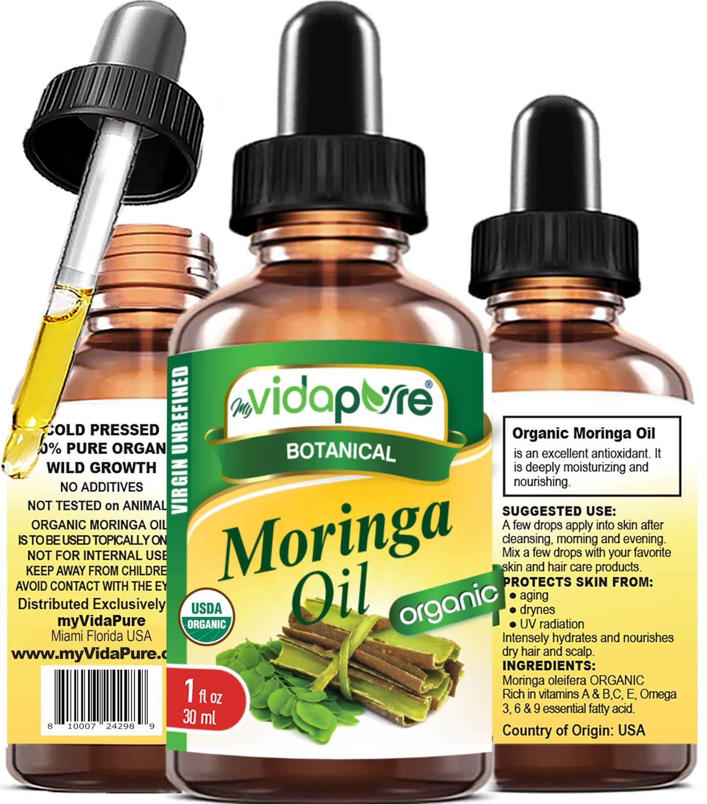 MYVIDAPURE Organic MORINGA OIL Moringa Oleifera Certified Organic 100% Natural Pure Virgin Unrefined for Face, Skin, Body, Hair, Lip, Nails