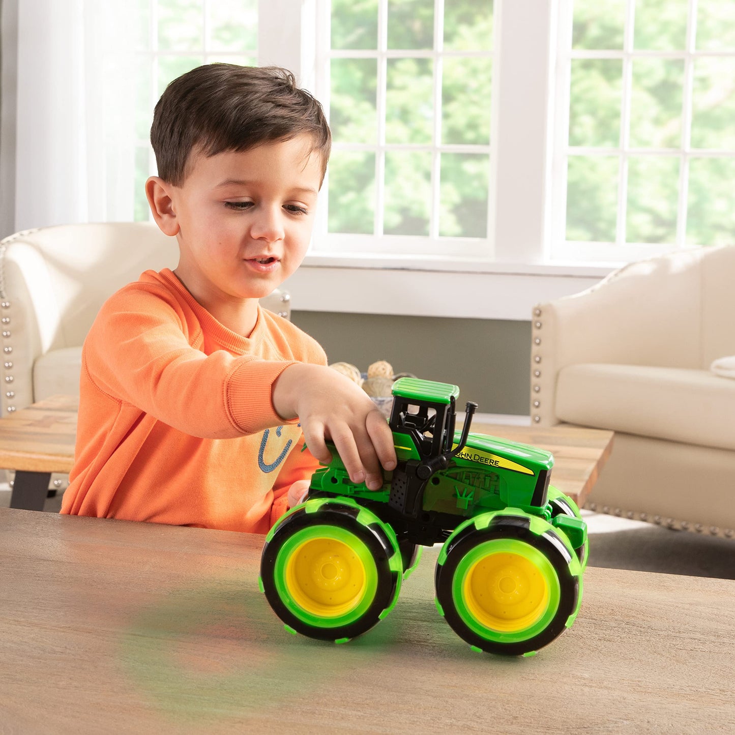 TOMY Monster Treads Lightning Wheels – John Deere Tractor Toy with Motion-Activated Light-Up Monster Truck Tires, Kids Ages 3+