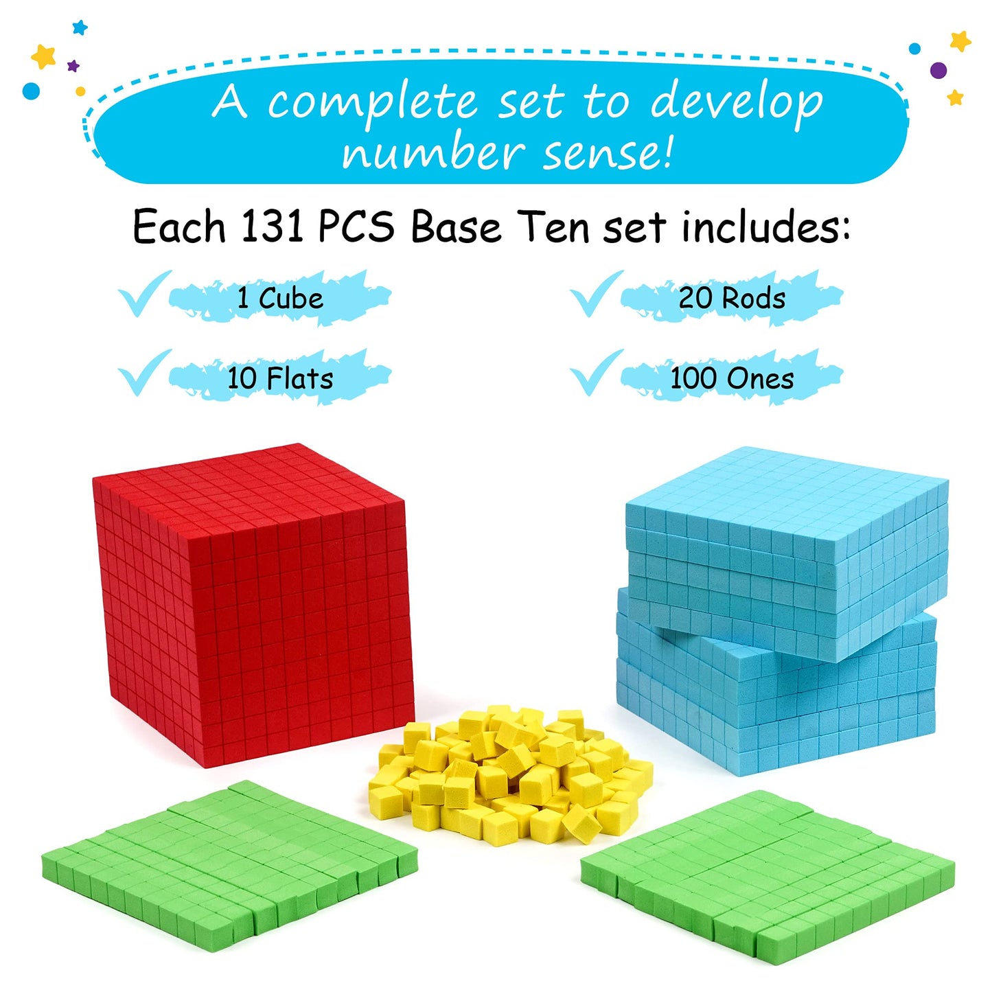Simply Magic 131pcs Foam Base Ten Blocks – Math Manipulatives for K-3, Place Value Counters, Number Cubes & Counting Blocks