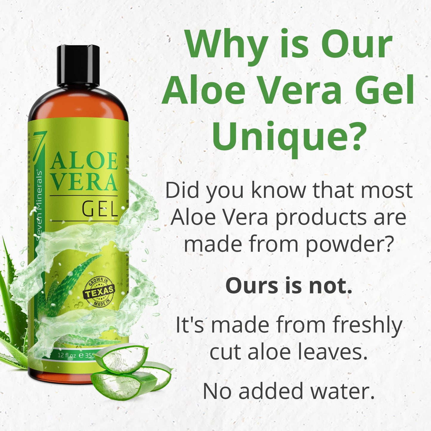 Seven Minerals Aloe Vera Gel with Freshly Cut Pure Organic Aloe - Big 12oz - Texas Grown, HighestQuality, Vegan, Unscented, Non-Sticky - After Sun Beauty and Personal Care Seven Minerals