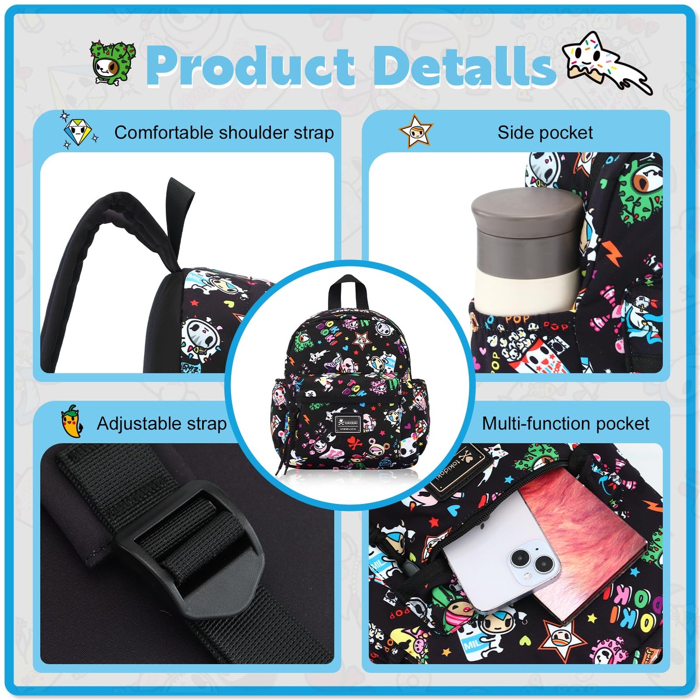 Tokidoki Unicorno Mini Backpack Daily Fashion Shoulder Bag Large Capacity Portable Travel Backpack Casual Daypack(black)