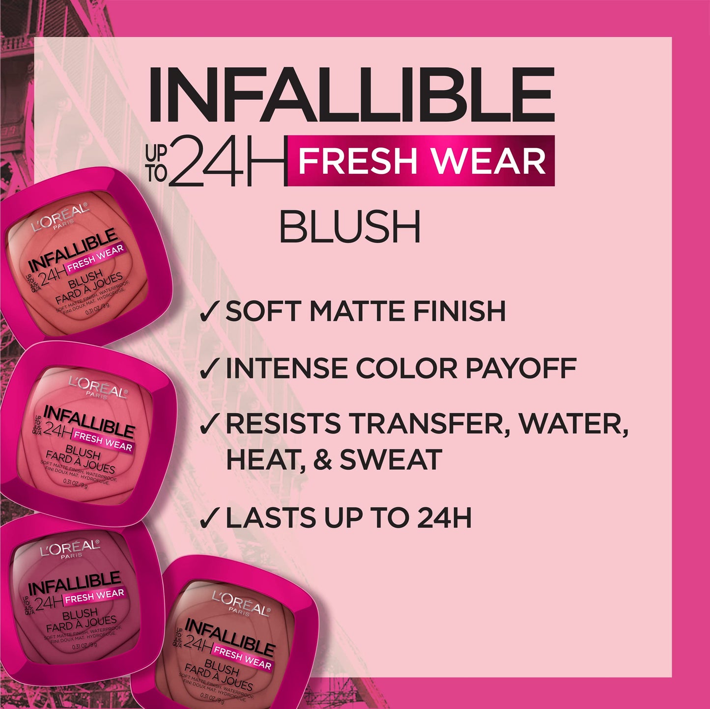 L'Oreal Paris Infallible Up to 24H Fresh Wear Soft Matte Blush, Blendable, Long-Lasting and Waterproof Cheek Make Up, Daring Rosewood 20, 0.31 Oz