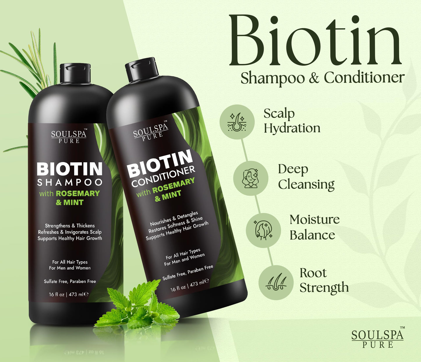 SOULSPA PURE Biotin Rosemary Shampoo and Conditioner Set - Sulfate Free Scalp Care & Hair Strengthening for Thinning, Color-Treated Hair - Rosemary