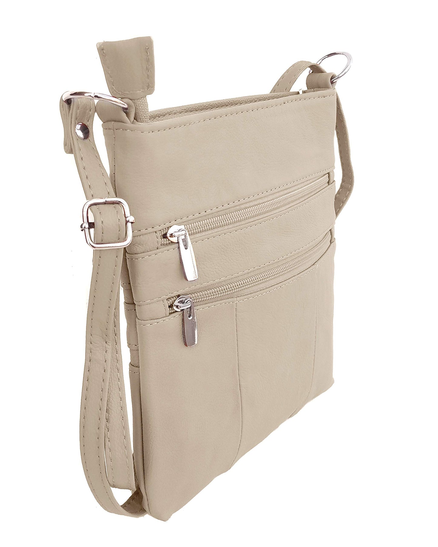 Roma Leathers Mini Cross Body Purse - Multi Pocket Double Zipper Handbag - Premium Cream Leather - Adjustable Shoulder Strap - Convenient Travel Bag…