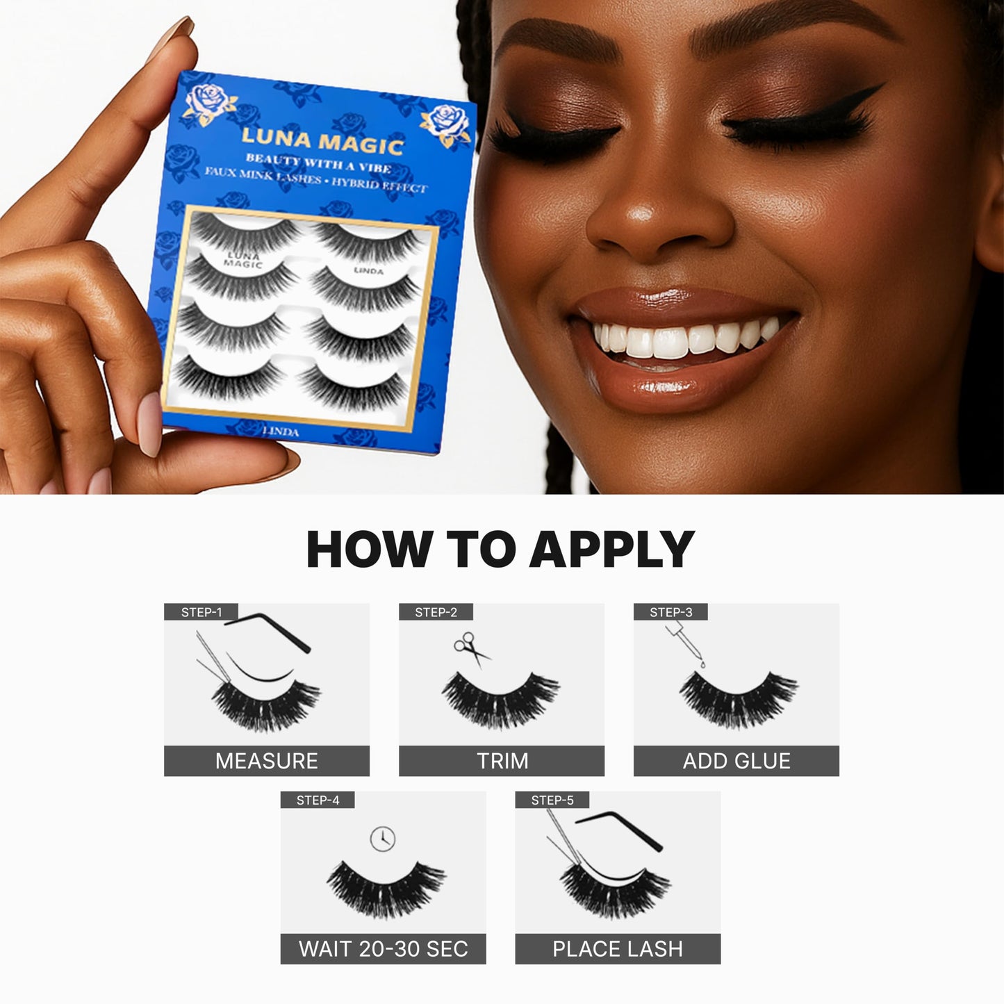 Luna Magic Linda Faux Mink Wispy Lashes with Soft Band, Reusable up to 10x, Lightweight Eye-Enhancing Design for Natural or Dramatic Eye Looks - Vegan