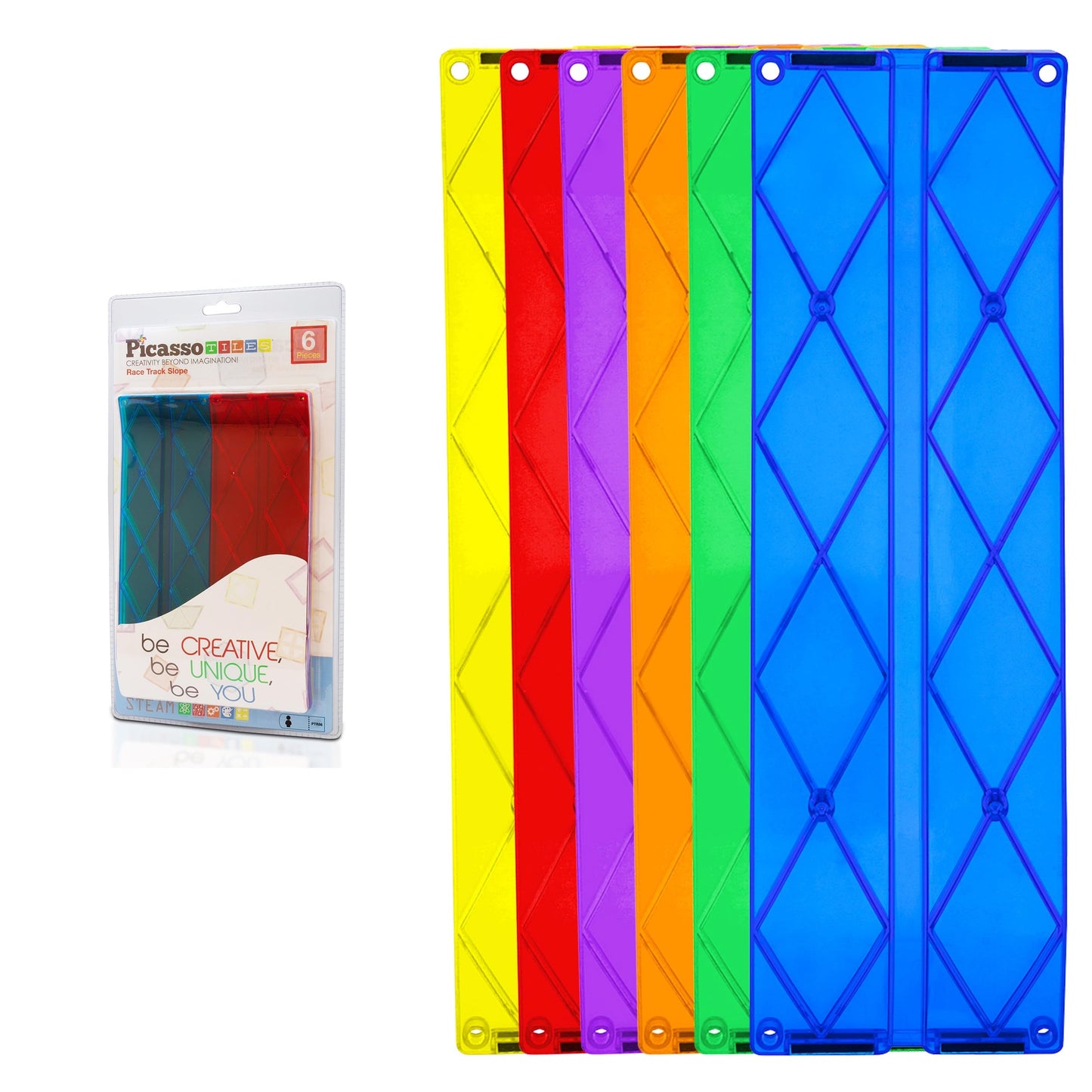 PicassoTiles 6pc Magnetic Race Track Ramp Set – STEM Magnet Tile Accessories for Kids Construction Playset, Educational Toy PTR06