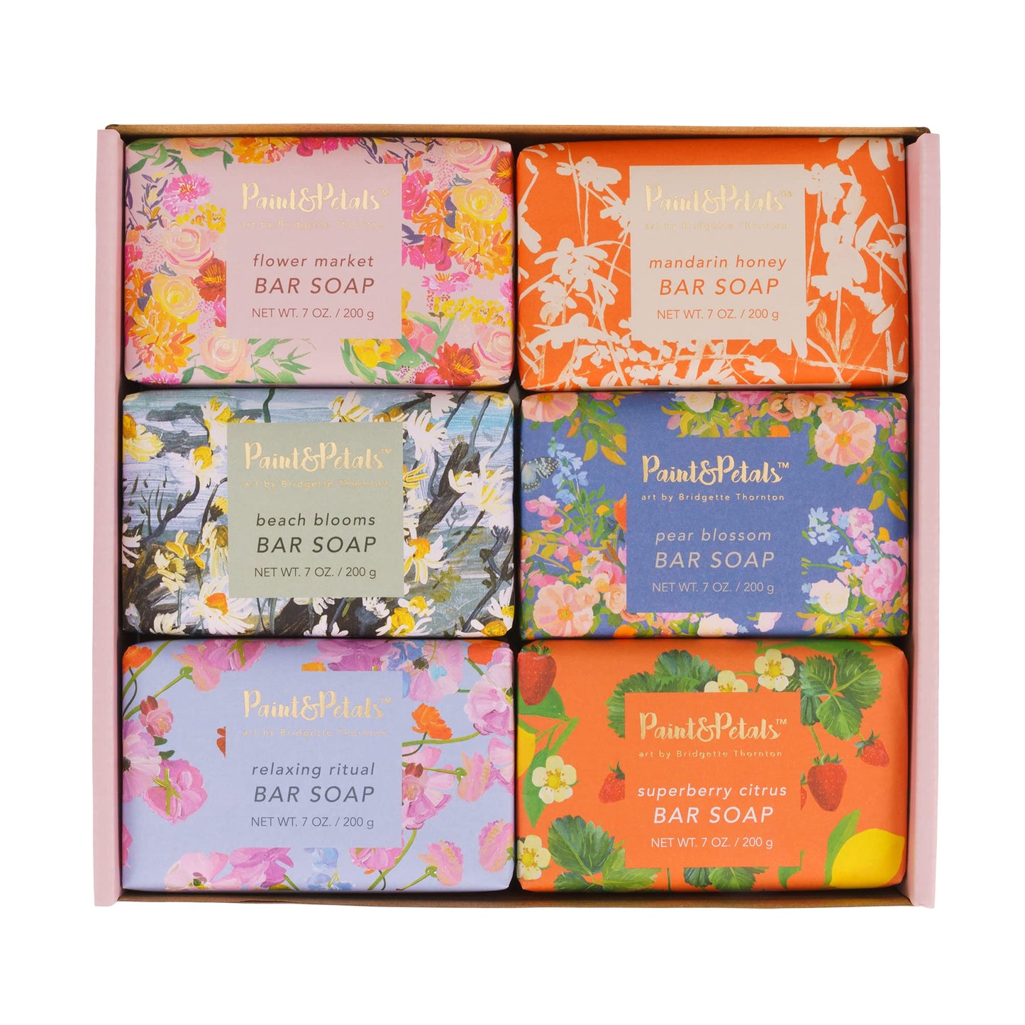 PAINT & PETALS Scented Bar Soap Set with 6 Different Scents and 2 Gift Bags, 7 Ounces Each