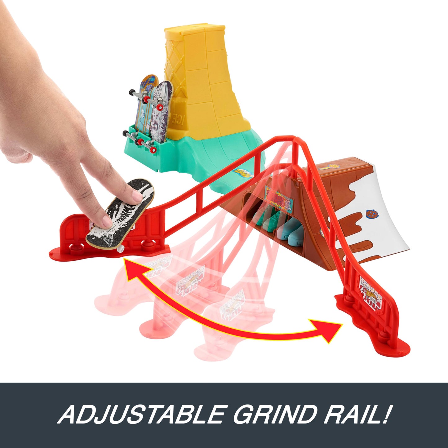 Hot Wheels Skate Fingerboard Playset with 1 Exclusive Finger Skateboard & Pair of Removable Skate Shoes, Dessert-Themed with Built-in Storage