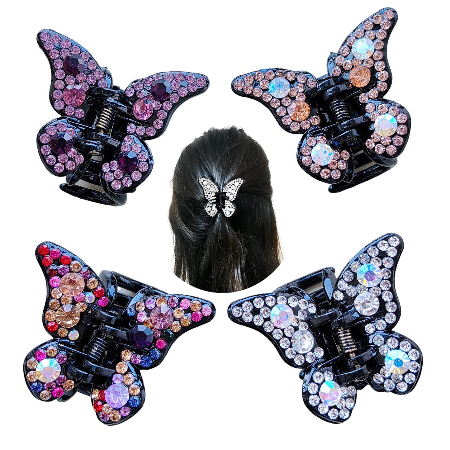Yusier 4PCS Butterfly Rhinestone Claw Clips Elegant Rhinestone Hair Accessories for Women Black Butterfly Hair Clip Crystal Rhinestone Decorative Hair