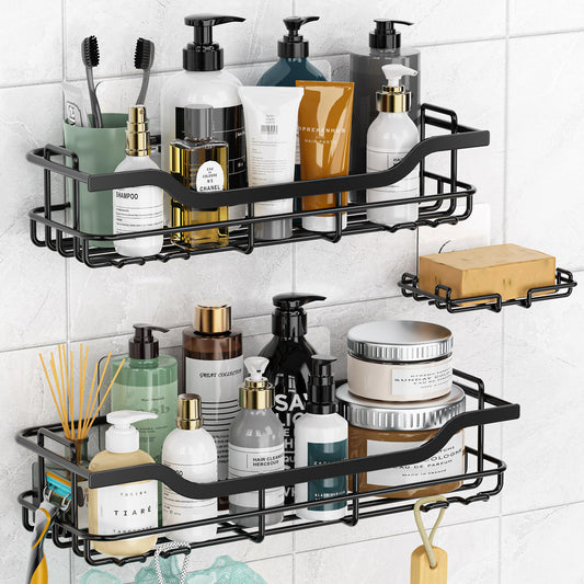 OMAIRA 3-Pack Shower Caddy Set – No-Drill Adhesive Bathroom Organizer with Soap Holder, Rustproof Storage Rack – Black, Large