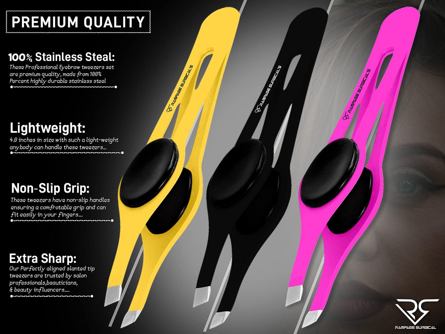 Professional Eyebrow Tweezers Slanted Tip Stainless Steel 2,3xPcs Set, Non-Slip Grip Slant Tip Tweezers for Facial Hair, Plucking Removing Ingrown