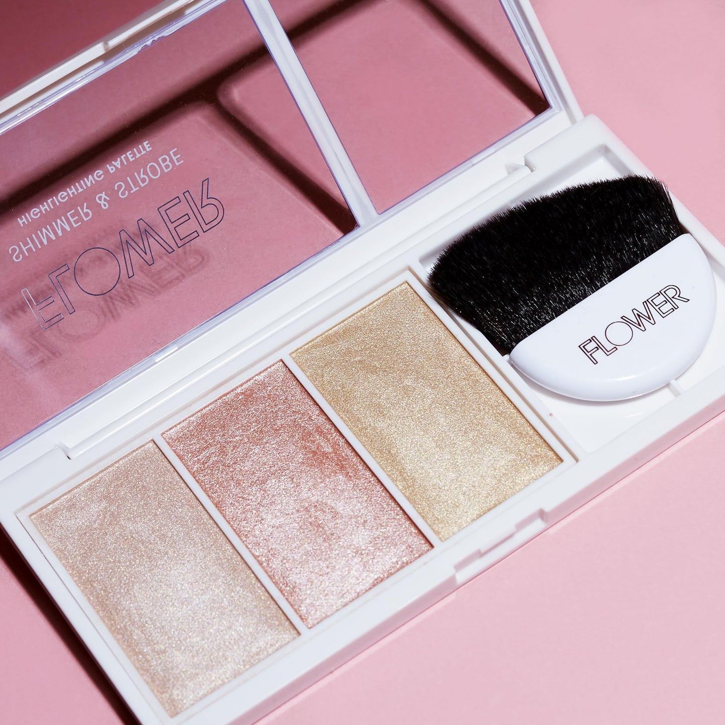 FLOWER Beauty By Drew Barrymore Shimmer + Strobe Highlighting Palette - Glowing Bronzer Powder Kit For Face + Blendable Coverage - Skintones + 3