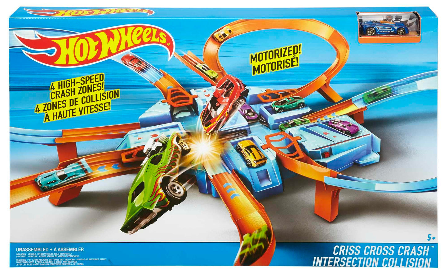Hot Wheels Track Set with 1:64 Scale Toy Car, 4 Intersections for Crashing, Powered by a Motorized Booster, Criss-Cross Crash Track (Amazon Exclusive)