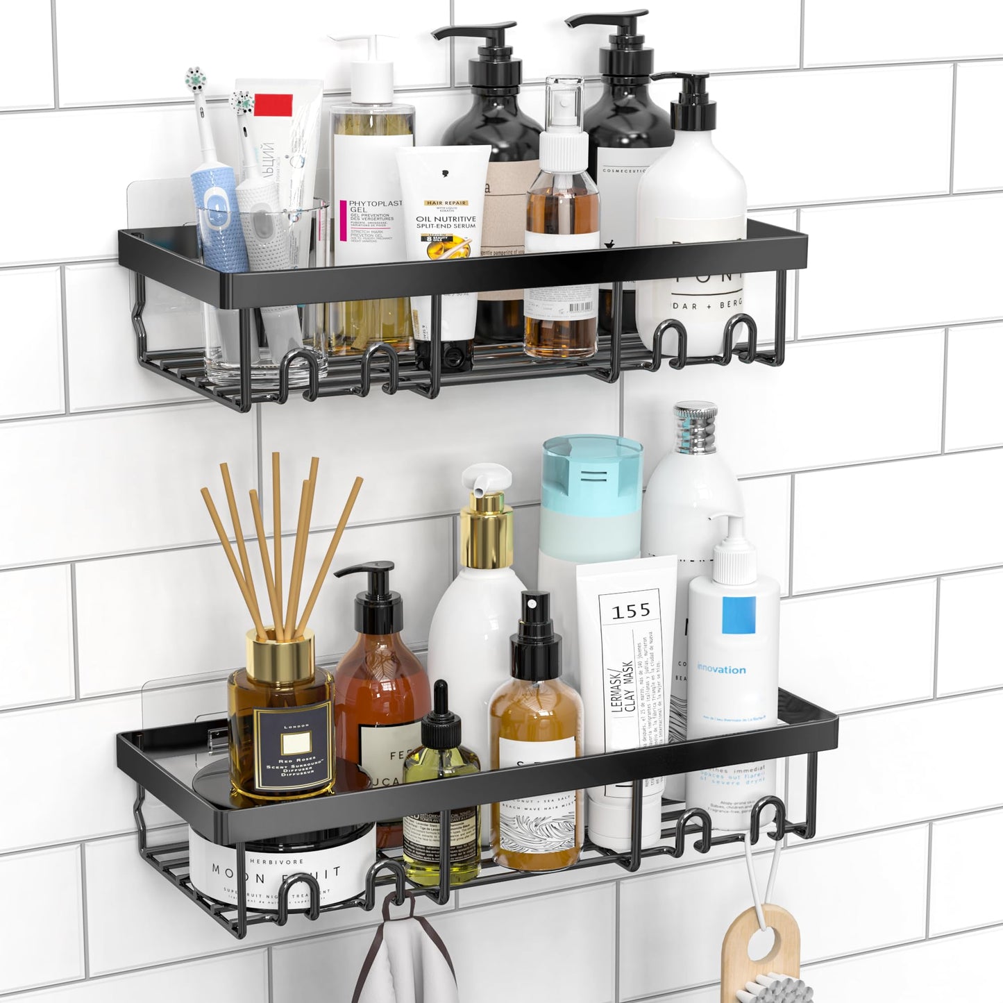 Moforoco Shower Caddy Shelf – Self-Adhesive Black Bathroom Organizer Rack for Wall, RV, Apartment, Home Storage Essentials