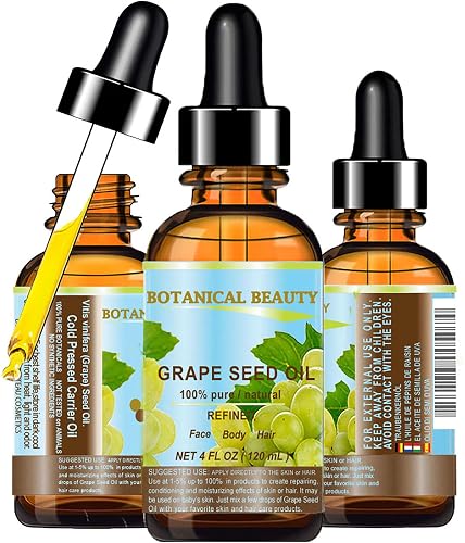 Botanical Beauty GRAPE SEED OIL 100% Pure Natural Undiluted Refined Cold Pressed Carrier Oil for Face, Skin, Body, Hair, Massage, Lip, Nails. 4 Fl