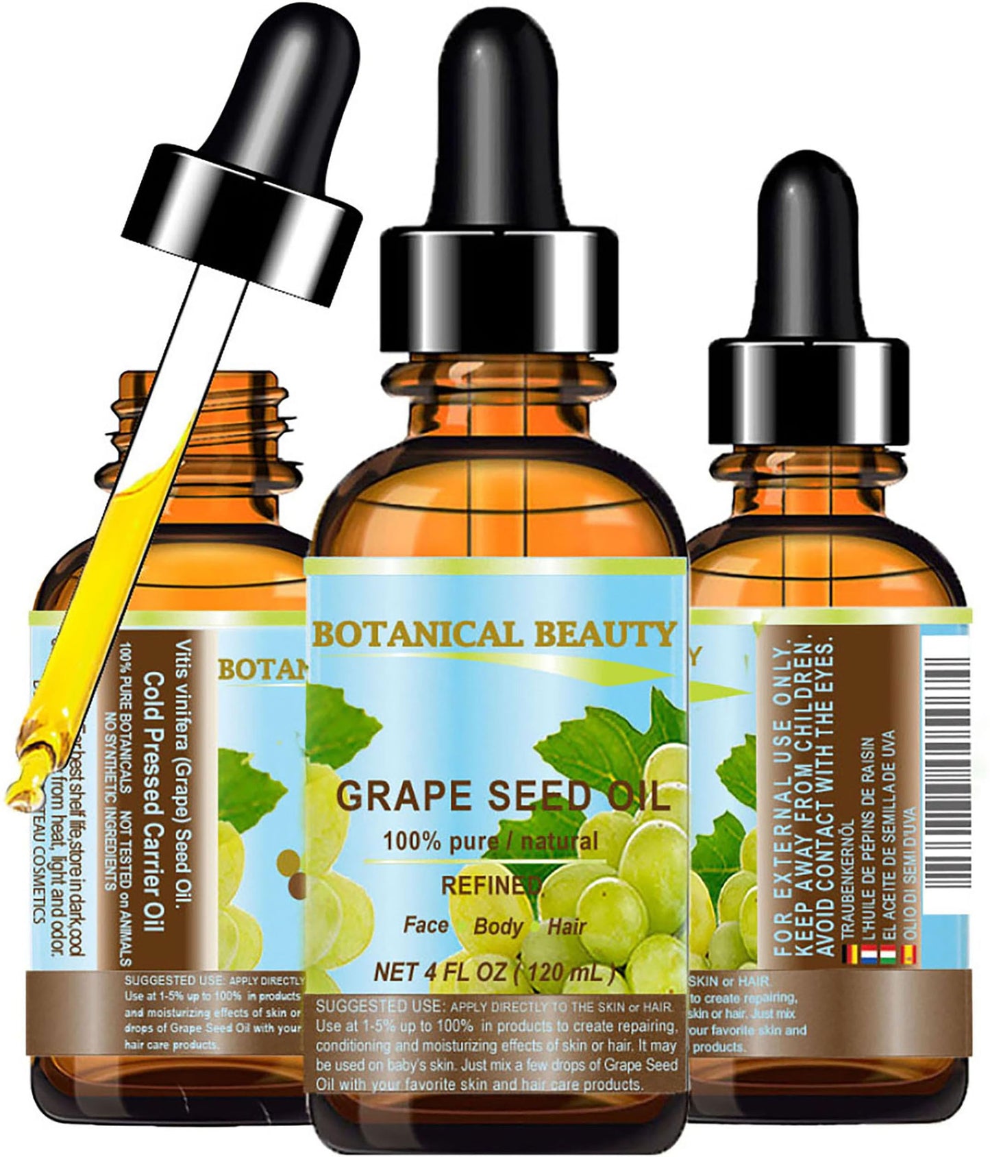 Botanical Beauty GRAPE SEED OIL 100% Pure Natural Undiluted Refined Cold Pressed Carrier Oil for Face, Skin, Body, Hair, Massage, Lip, Nails. (4 Fl Oz