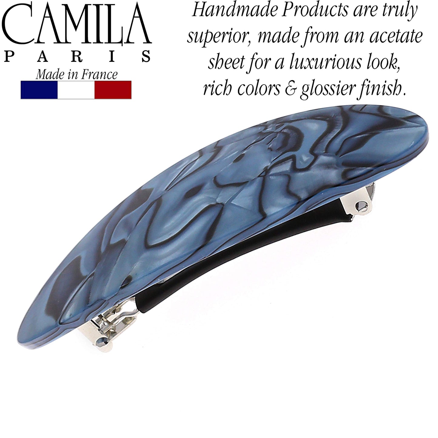 Camila Paris CP2984 French Hair Barrette Clip Handmade Oval Blue, Strong Hold Grip Hair Clips for Women, No Slip Rubberized Metal Closure, Durable