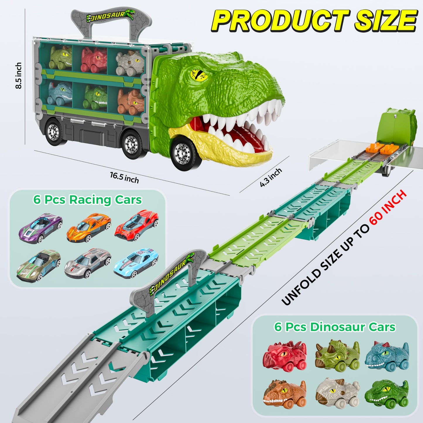 13-in-1 Dinosaur Toys Car Set – Transport Truck with Foldable Track & Race Mode, Includes 6 Dino Cars & 6 Race Cars for Kids Ages 3–6+
