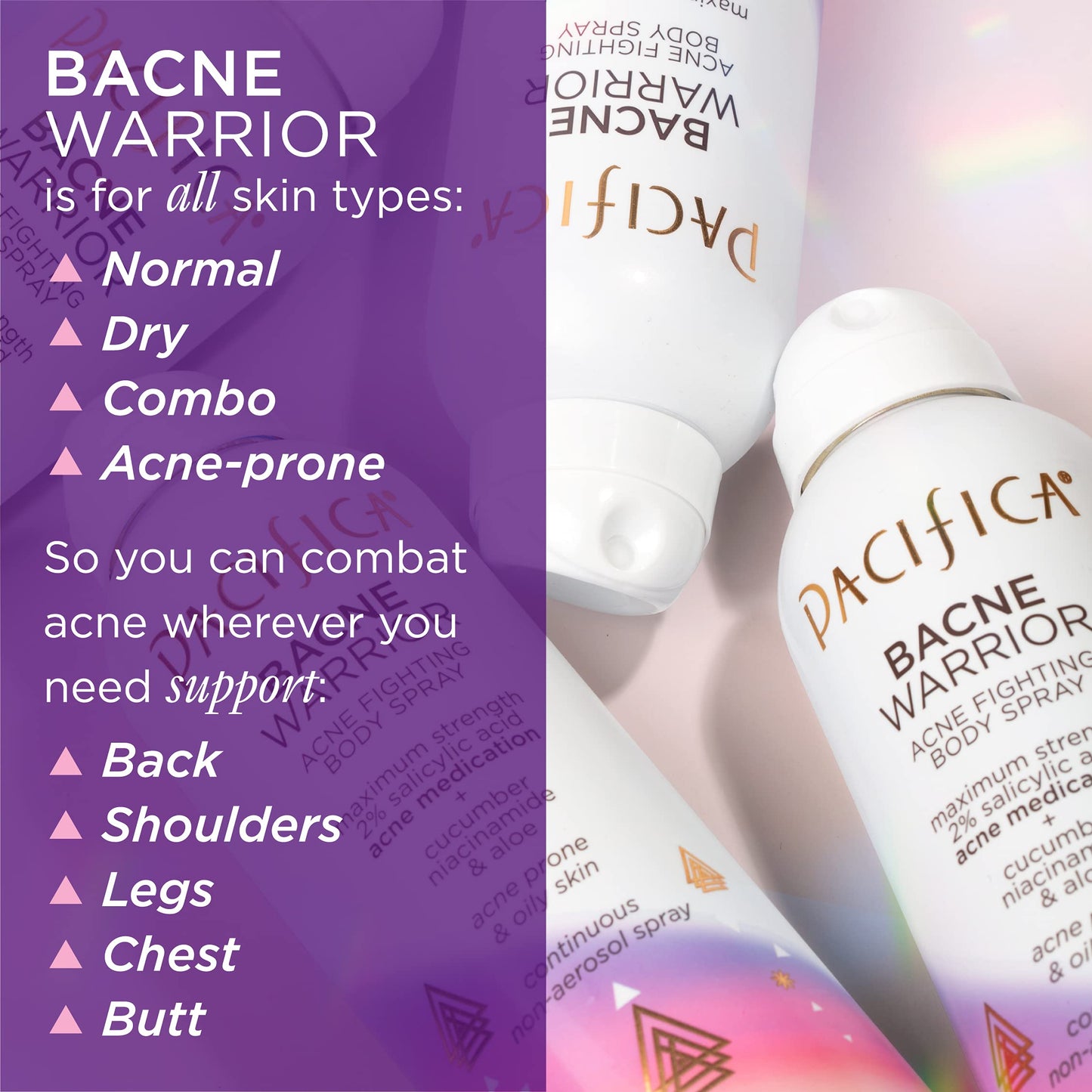 Pacifica Bacne Warrior - Bacne Salicylic Acid Spray, Back Acne Treatment Spray with 2% Salicylic Acid, Niacinamide, and Aloe, Body Acne Warrior