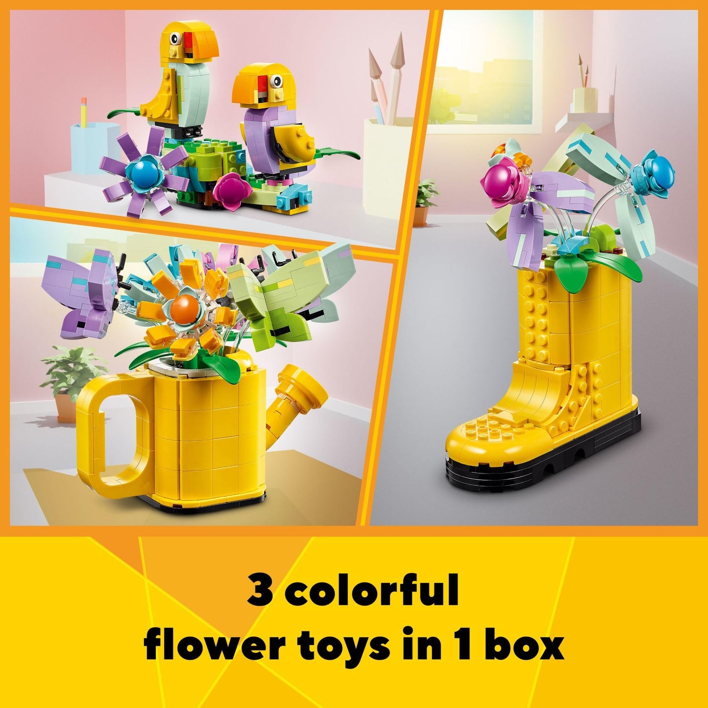 LEGO Creator 3 in 1 Flowers in Watering Can 31149, Buildable Toy Set for Kids Ages 8+, Rebuild into Rain Boots or Birds, Fun Creative Gift