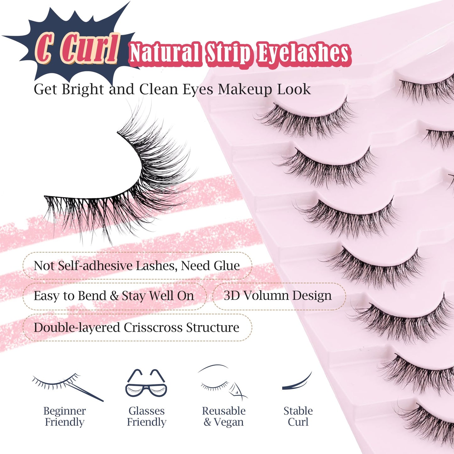 Natural Lashes Wispy Cat Eye Lashes 12mm False Eyelashes Natural Look Strip Lashes Thin Cotton Band Soft Eyelashes 3D Volume Lashes Pack C Curl Beauty and Personal Care Siligli