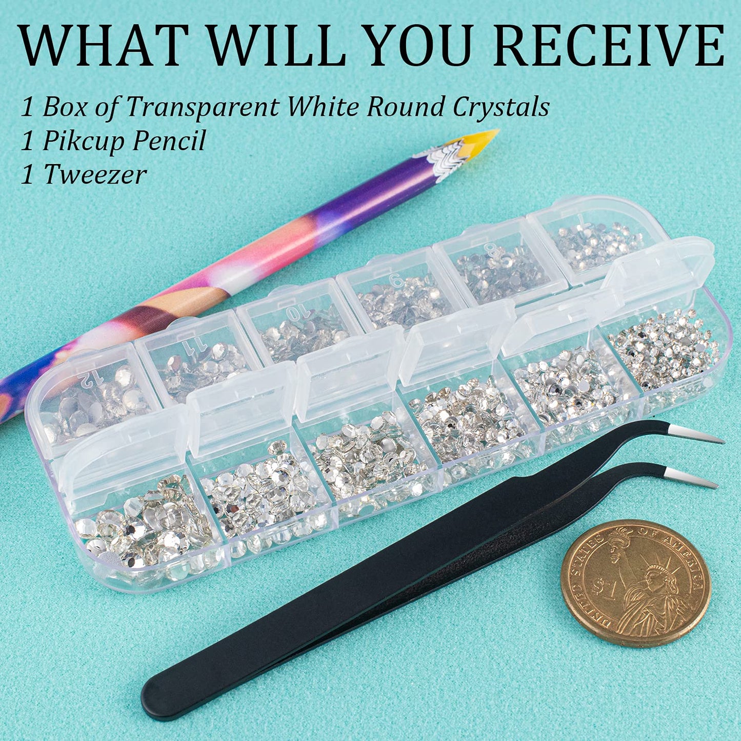 6 Sizes Transparent White Silver Glass Crystal Kit with Pickup Pen + Tweezer Tools for Shine Nail Art Manicure Makeup DIY Decoration Flatback Round