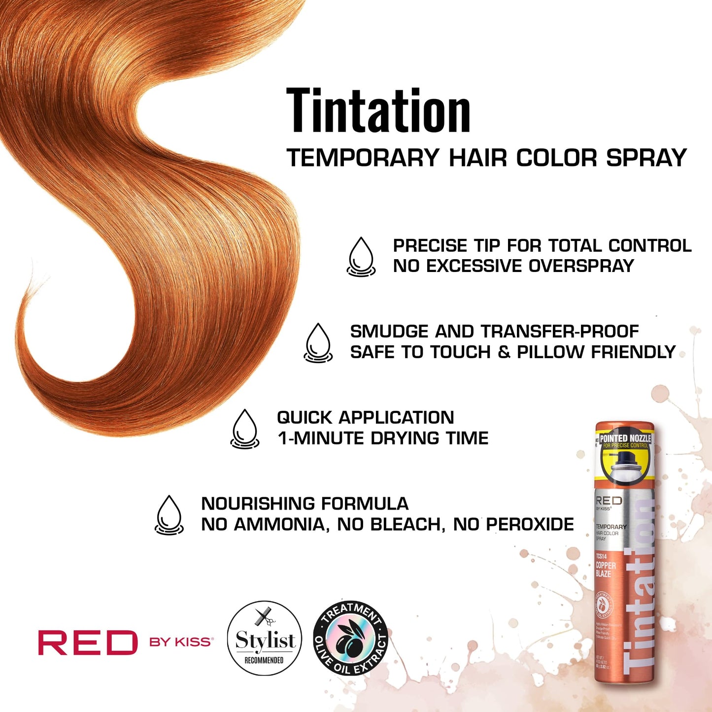 Red by Kiss Tintation Temporary Hair Color Spray 2.82oz, Quick-Dry & Smudge-Proof, Vivid Color Washable Hair Dye, Styling Spray Cosplay Halloween