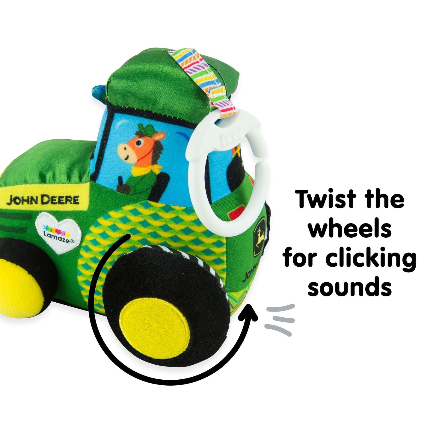 Lamaze John Deere Tractor Car Seat and Stroller Toy - Soft Hanging Toy With High Contrast Colors for Travel - Baby Crinkle Toy Ages 0 Months and Up