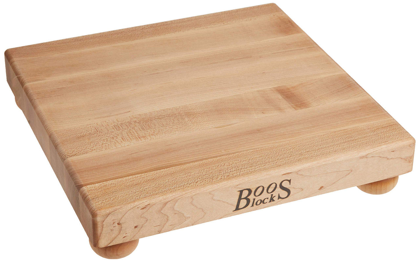 John Boos B Series Square Wooden Maple Cutting Board 12”x12” - 1.5” Thick, 6-lb Non-Reversible Butcher Block with Wood Bun Feet & Edge-Grain
