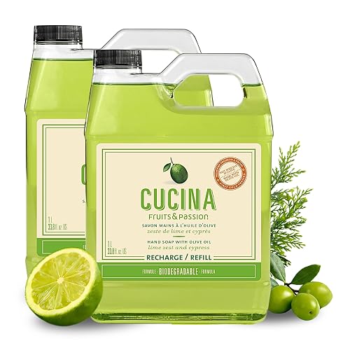 Cucina Fruits & Passion Lime Zest & Cypress Kitchen Hand Soap Refill, 1L Each - 2 Pack | Biodegradable, Cold-Pressed Olive Oil, Vegan, Made in Canada
