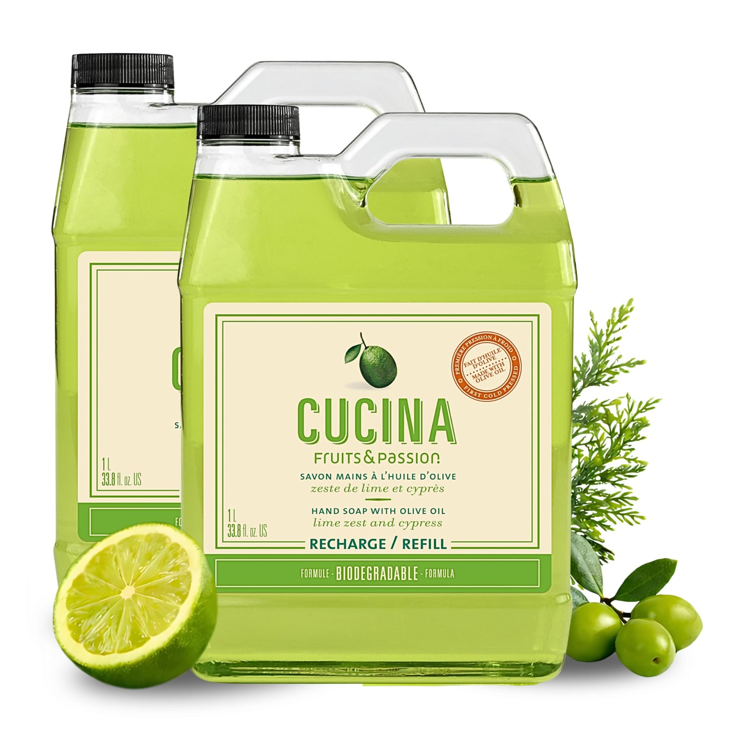 Cucina Fruits & Passion Lime Zest & Cypress Kitchen Hand Soap Refill, 1L Each - 2 Pack | Biodegradable, Cold-Pressed Olive Oil, Vegan, Made in Canada