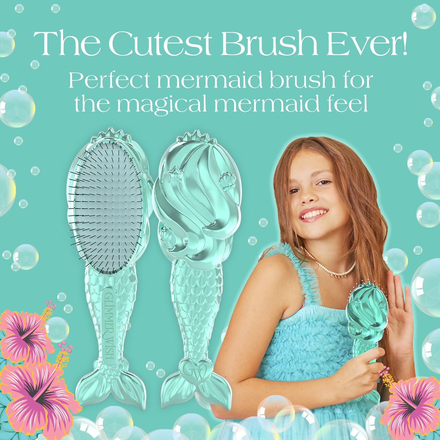 Glimmer Wish Mermaid Detangling Hair Brush for Kids - Anti Frizz and Anti Static - Soft and Long Bristles to Detangle With Ease - Gentle on Hair Kids