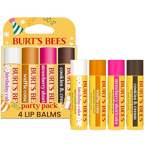 Burt's Bees Lip Balm Party Pack - Birthday Cake, Waffle Cone, Strawberry Shortcake, and Cookies & Cream, All Day Moisturizer, Tint-Free, Natural
