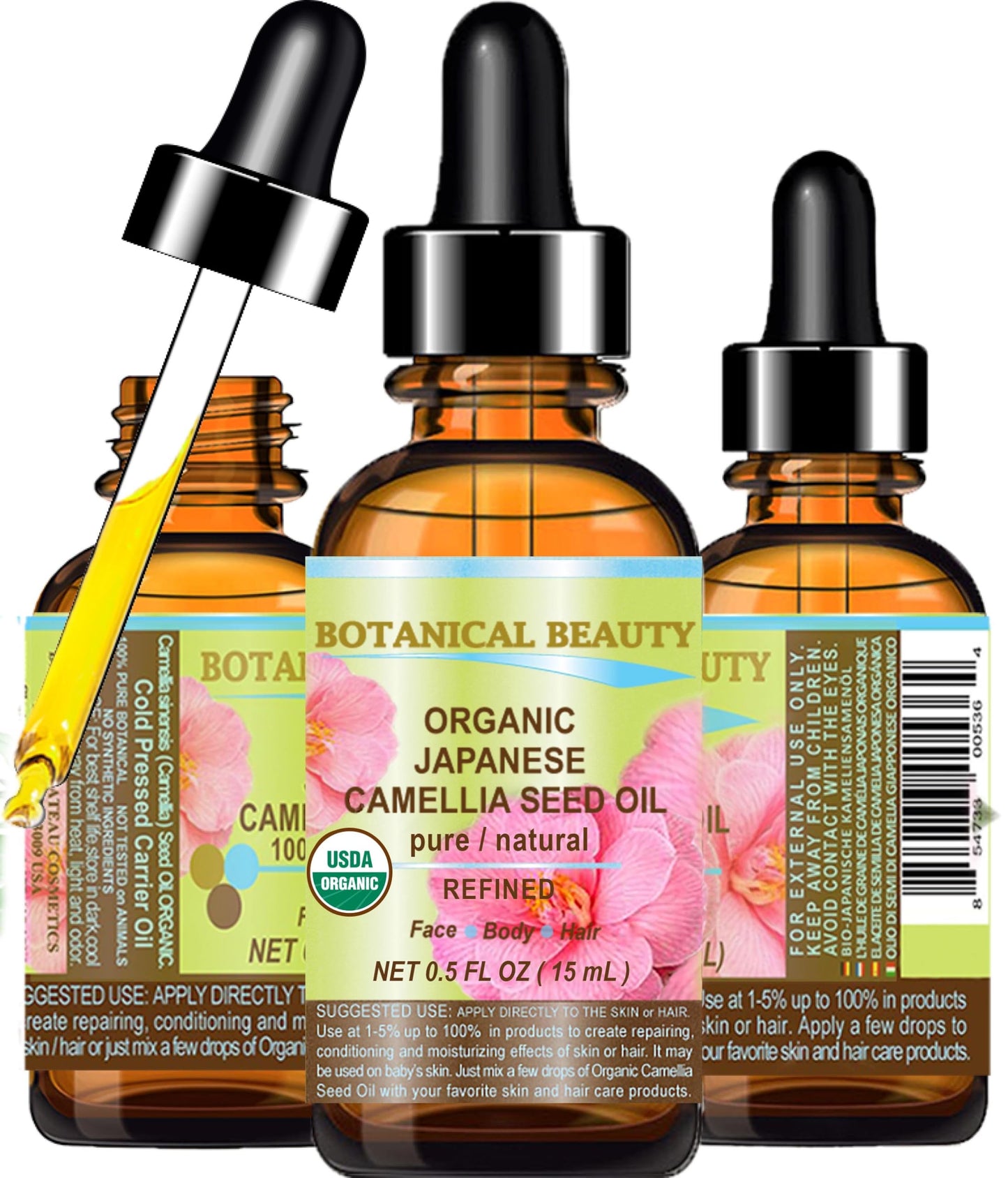 Botanical Beauty Japanese ORGANIC CAMELLIA Seed Oil. 100% Pure Natural Undiluted Refined Cold Pressed Carrier Oil to revitalize and rejuvenate the