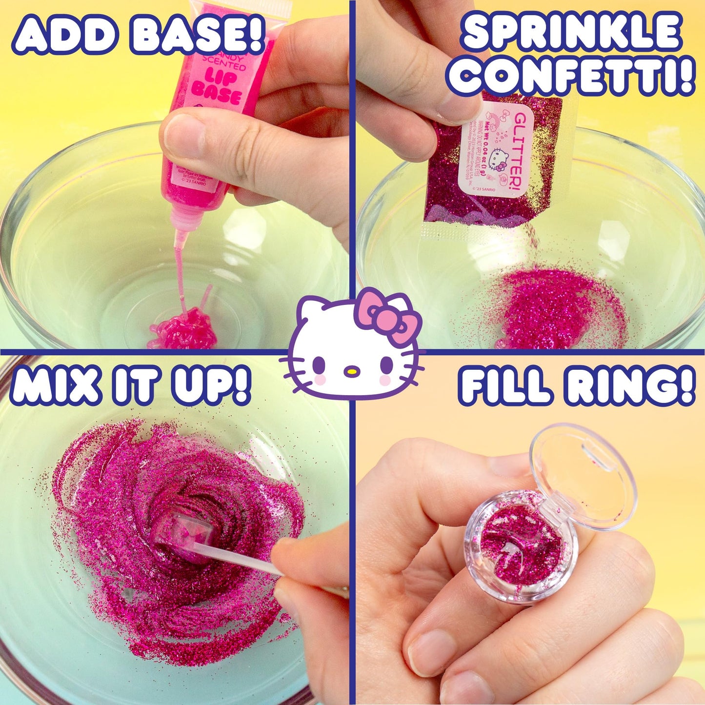 Horizon Group USA Sanrio Hello Kitty and Friends Shimmer Lip Gloss Making Kit, Makes 5 Hello Kitty Glitter Lip Gloss Rings, DIY Hello Kitty Lip Gloss