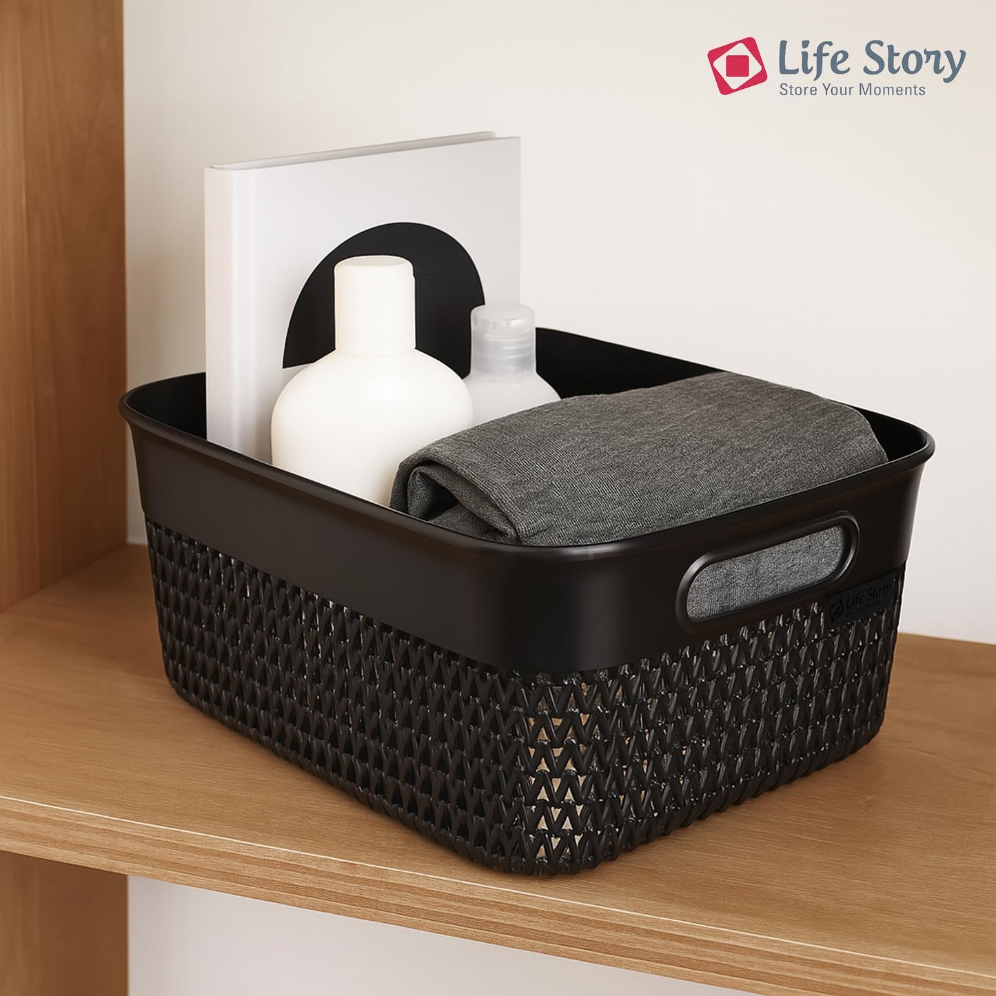 Life Story Medium Storage Basket, Decorative Plastic Home Organizer, Lightweight Versatile Tub with Built-In Handles, 10 Quart, Black