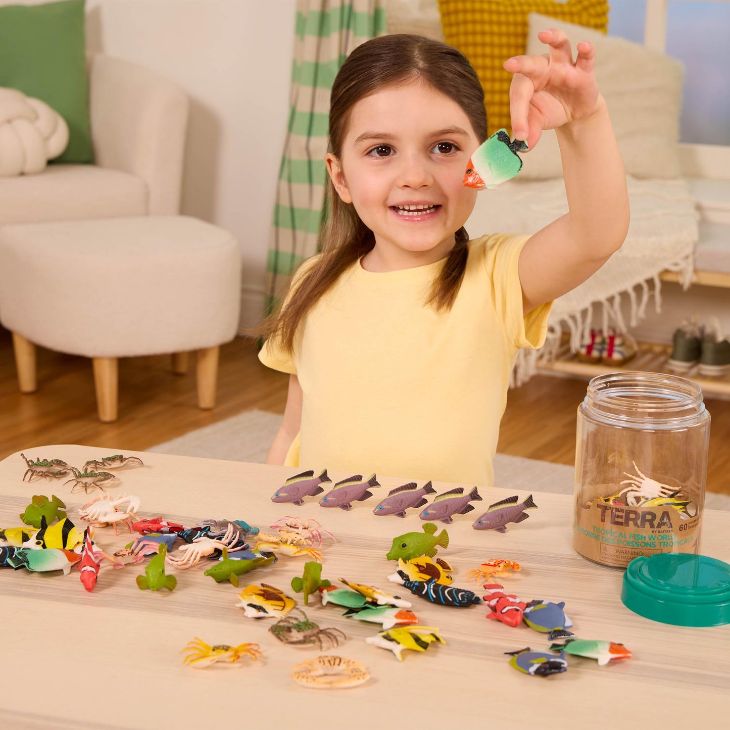 Terra by Battat 60 Pc Tropical Fish & Crab Toys – Mini Plastic Ocean Animal Figurines Tube, Realistic Sea Creatures Playset for Kids 3+