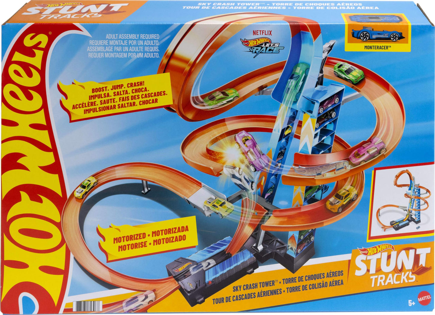 Hot Wheels Sky Crash Tower Track Set, 2.5+ ft / 83 cm High with Motorized Booster, Orange Track & 1 Hot Wheels Vehicle, Race Multiple Cars, Gift for…