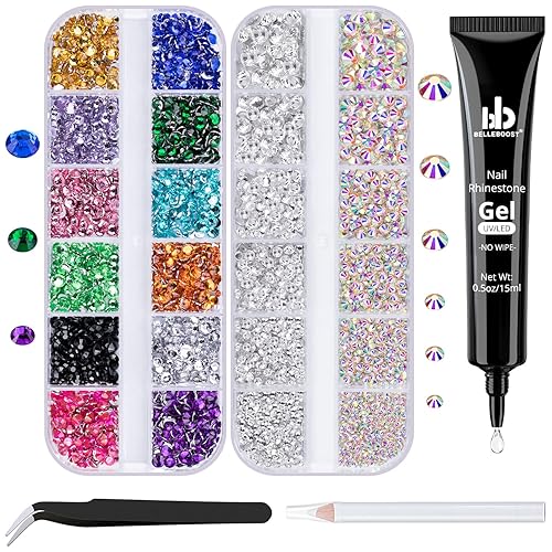 BELLEBOOST Nail Art Rhinestone Kit, 15ml Rhinestone Gel Glue+Colorful Gems+Flatback Glass Crystal AB&Clear Gemstones with Pickup Tools for Bedazzling