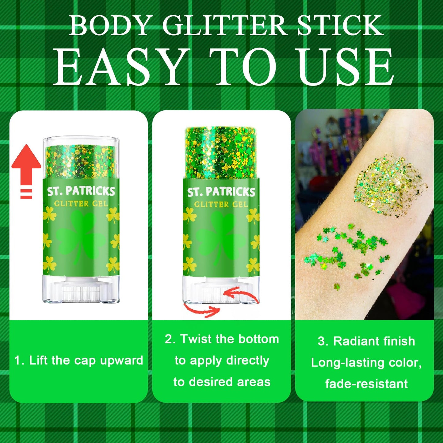 ST Patricks Day Glitter Gel Stick, Color-Changing in Different Lighting, for Body, Face & Hair (Shamrock)