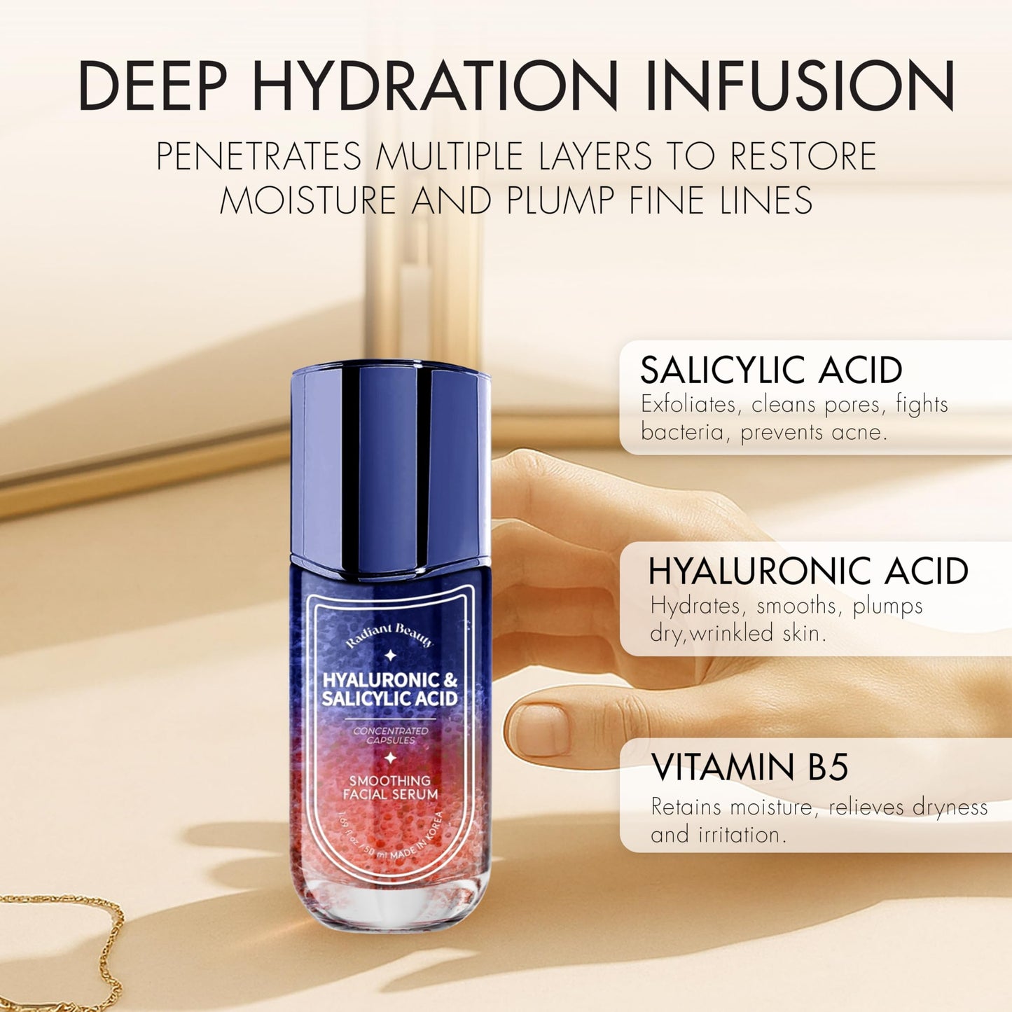 Radiant Beauty Hyaluronic Acid Facial Serum - Anti-Aging, Deep Hydration, Smooths & Cleanses - Salicylic Acid for Pore Cleansing - Dermatologist