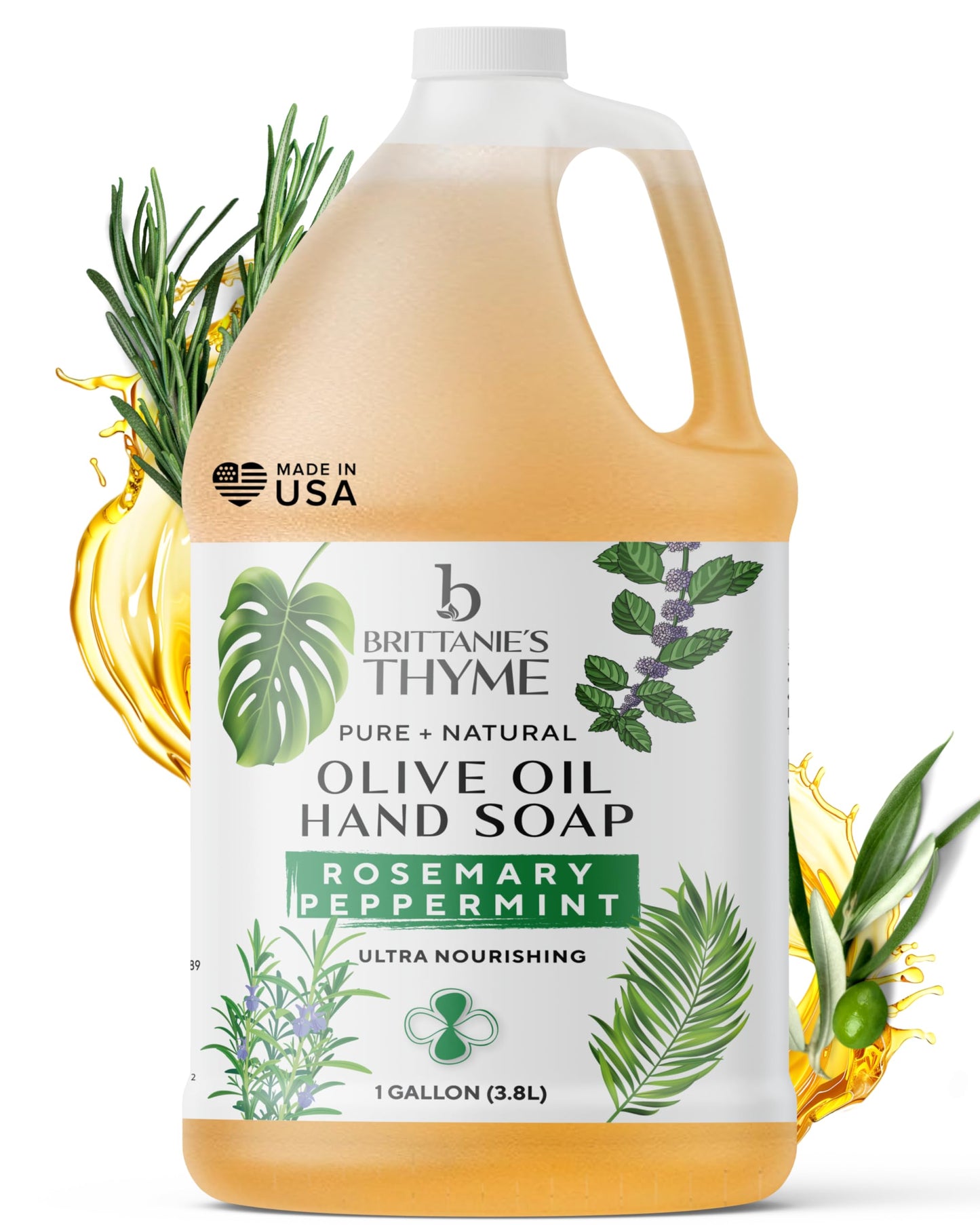 Brittanie's Pure Organic Castile Liquid Olive Oil Soap Refill, Rosemary Peppermint, 1 Gallon | Face, Body Wash, Dishes, Pets & Laundry | Vegan