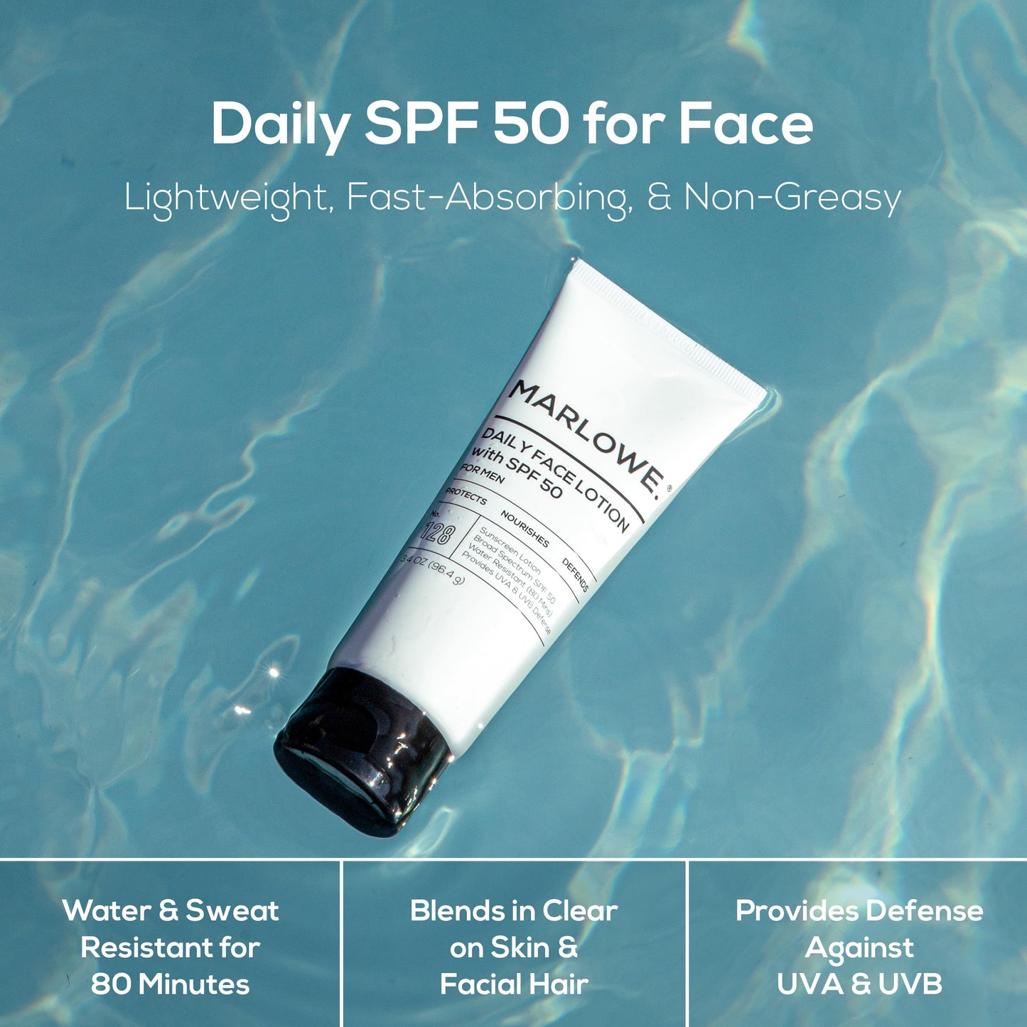 MARLOWE. No. 128 Men's Facial Lotion with Sunscreen SPF 50, 3.4 oz, Oil-Free, Lightweight Daily Face Moisturizer for Men, Includes Natural Extracts