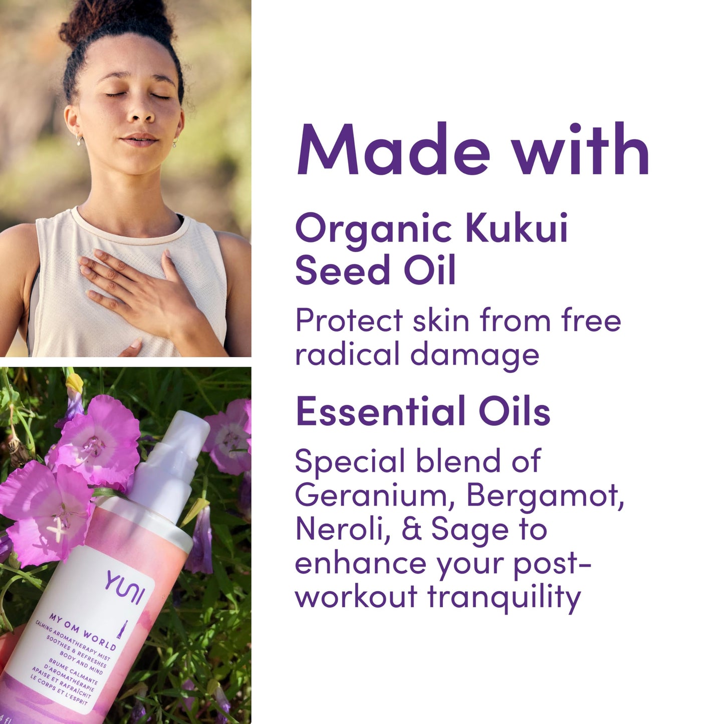 YUNI Beauty Calming Body Mist (4oz) My OM World - Natural Aromatic Oils - Relaxing Stress Relief - Promotes Focus & Clarity - All Natural