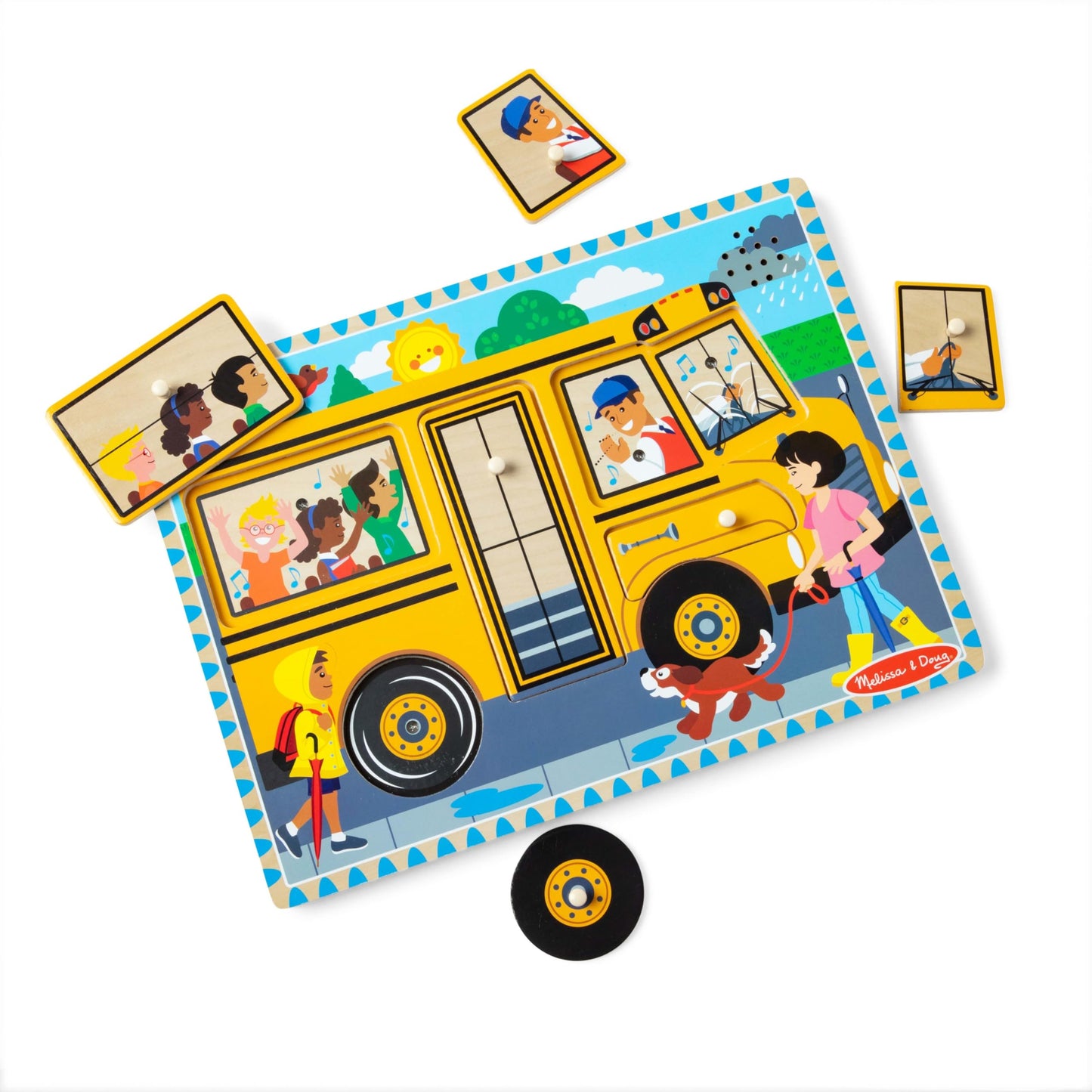 Melissa & Doug Wheels on the Bus Puzzle – 8-Piece Wooden Peg Puzzle with Light-Activated Sounds, Musical Learning Toy for Toddlers 2+