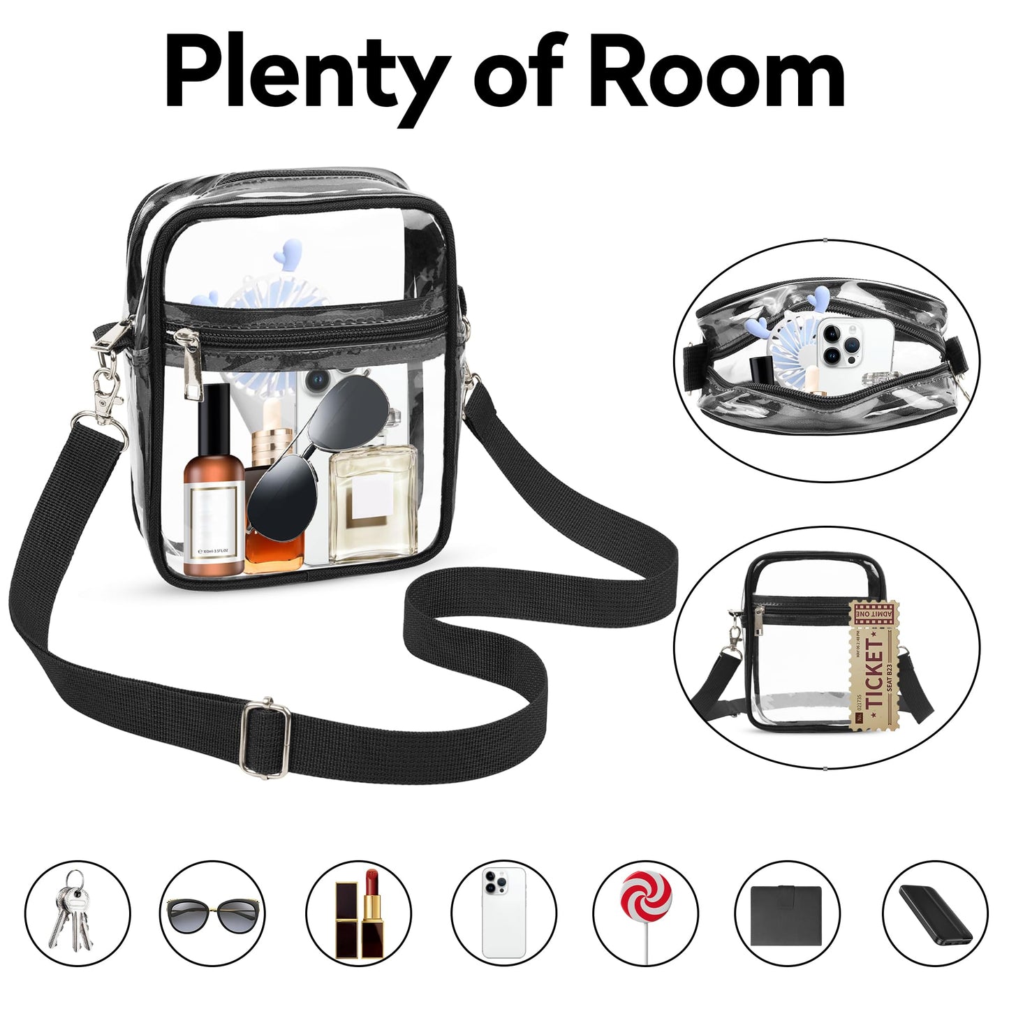 VOROLO Clear Crossbody Bag Stadium Approved See Through Purse Handbag,Small See Through Purse Handbag with Adjustable Shoulder Strap for Sports Black