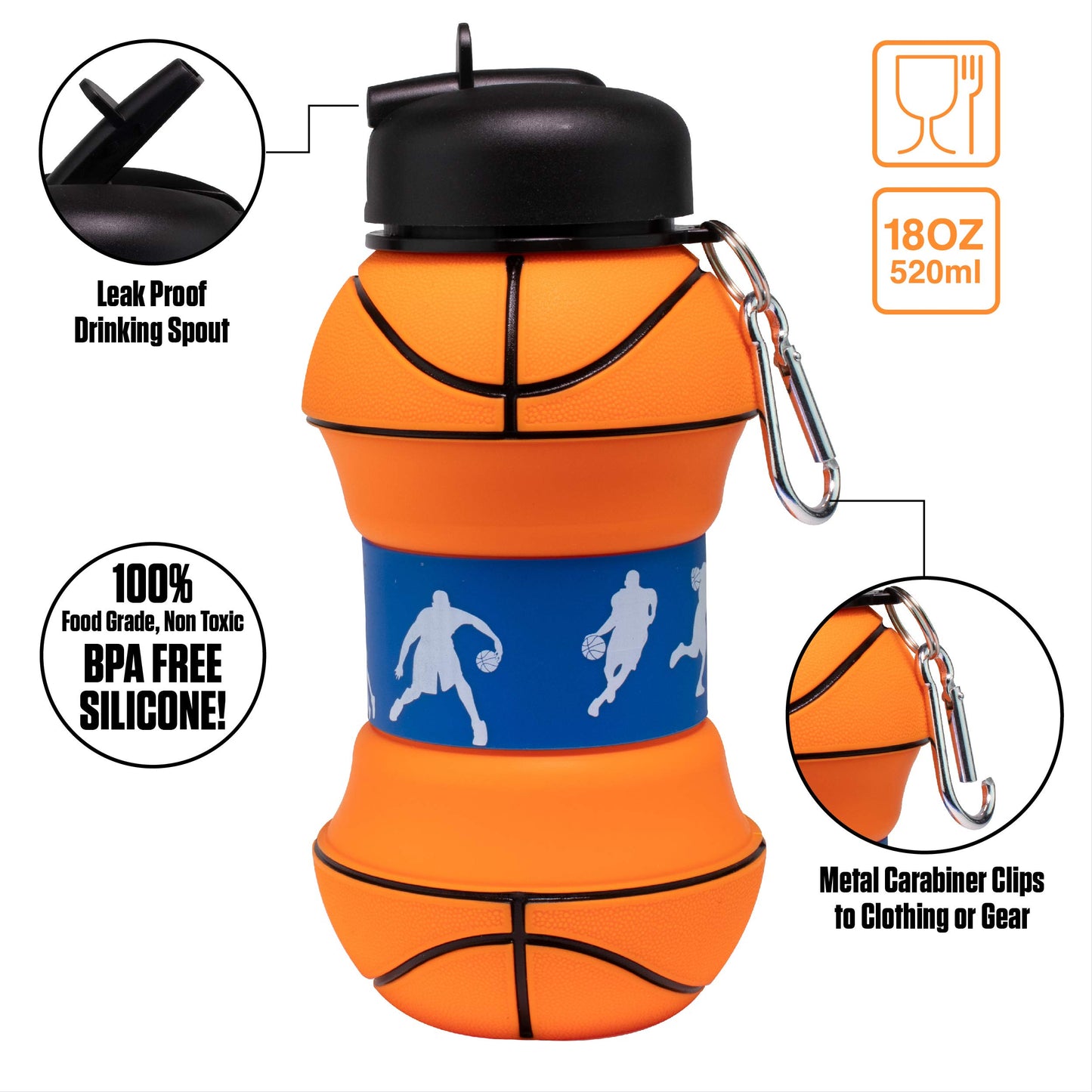 Maccabi Art Clip-On Collapsible BPA-Free Silicone Basketball Water Bottle for Kids, 18 Oz. Size