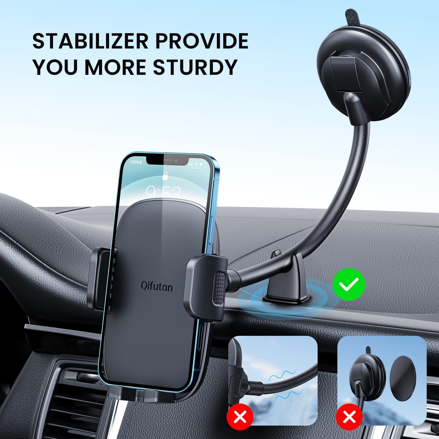 Qifutan Cell Phone Holder for Car Phone Mount Long Arm Dashboard Windshield Car Phone Holder Anti-Shake Stabilizer Phone Car Holder Compatible…